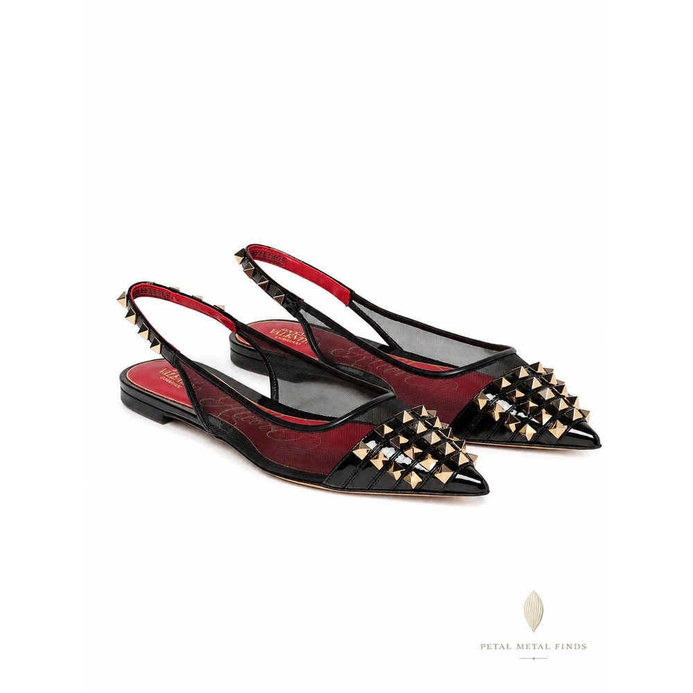 Valentino Garavani Alcove Rockstud Black Mesh Slingback Pointed Flats EU 36 NIB‎